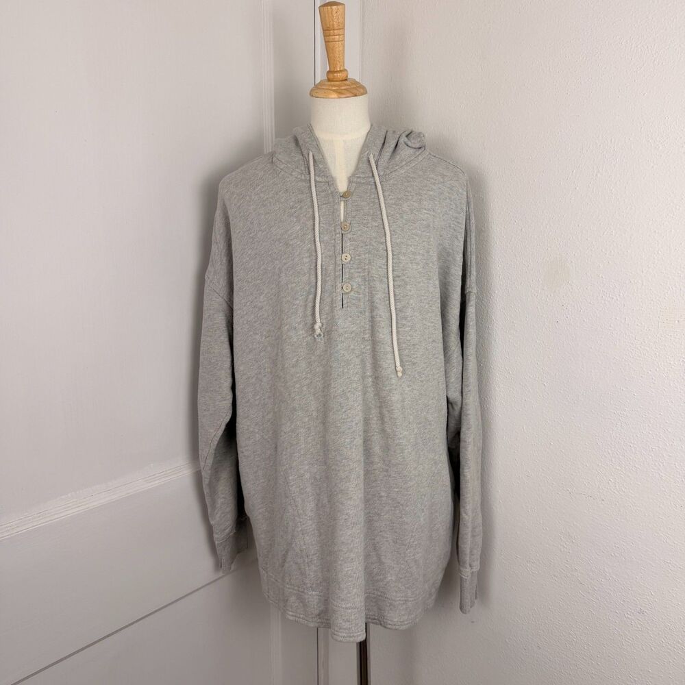 Aerie Real Happy Gray Henley Button Terry Pullover Hoodie Drawstring XS